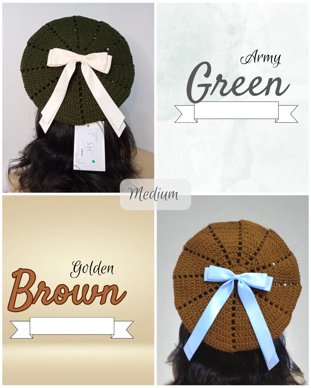 Brown Crochet Beret, Army Green Crochet Beret.