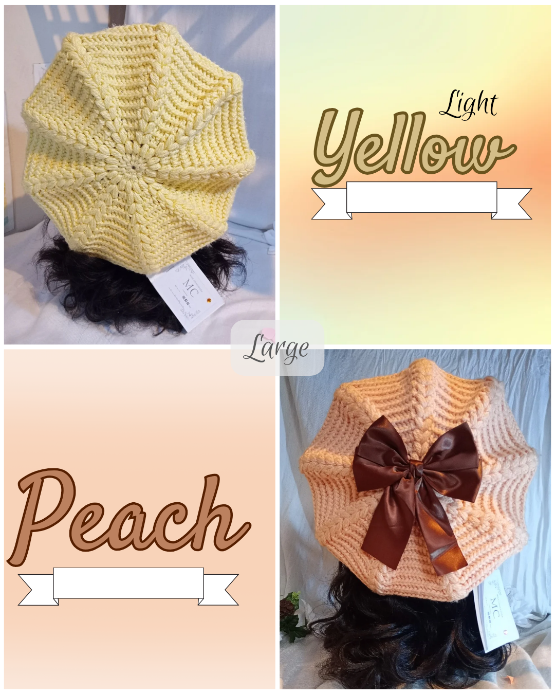 Yellow, Peach Crochet Beret.