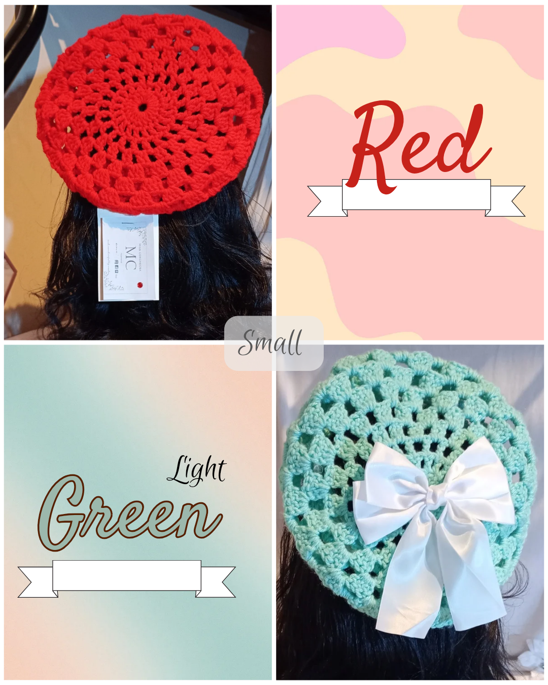 Red & Black Crochet Beret, Light Green Crochet Beret.