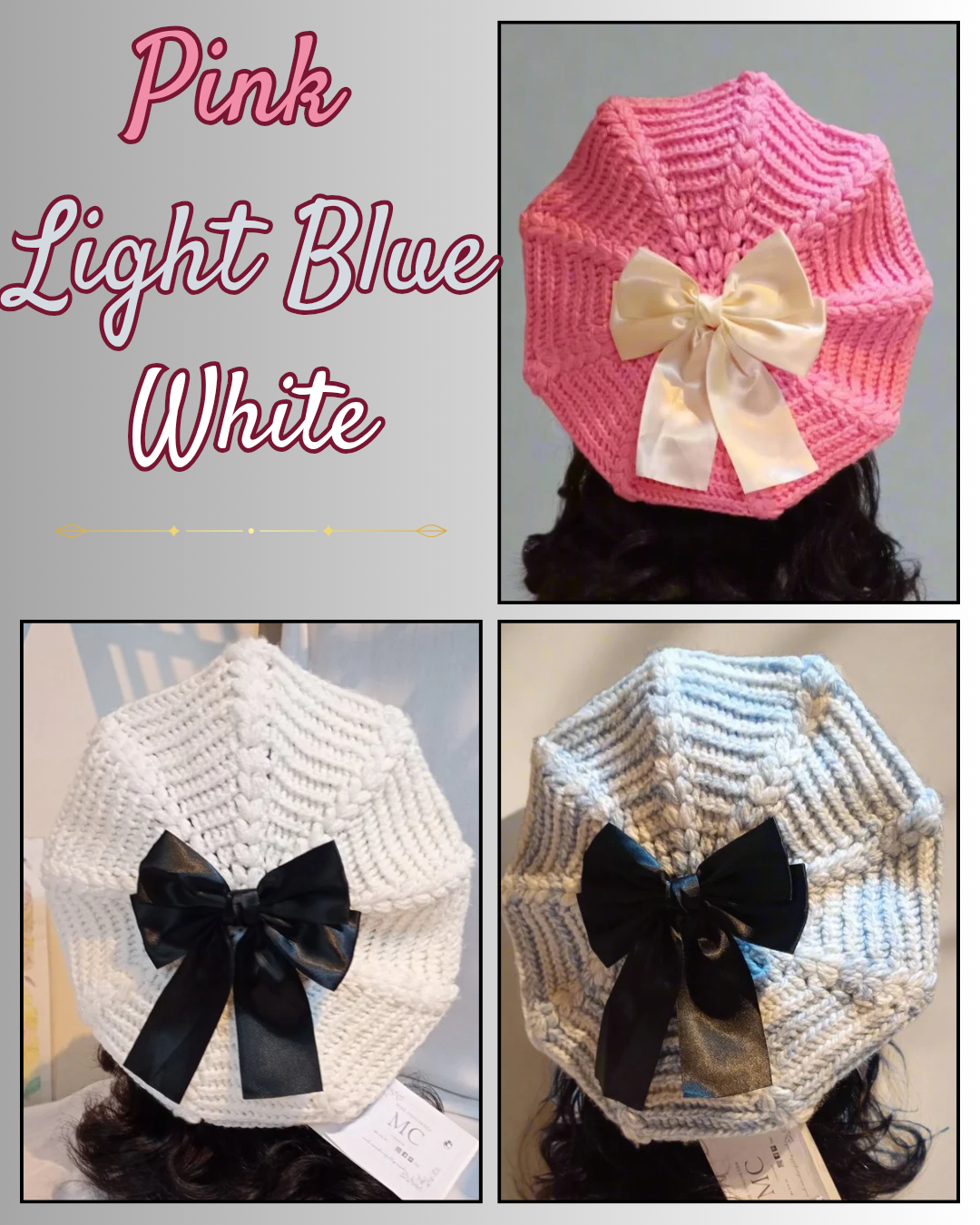 Pink, White & Light Blue - Crochet Beret