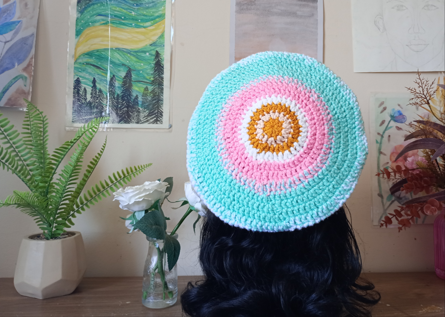 White, Aqua blue multicoloured Crochet Beret