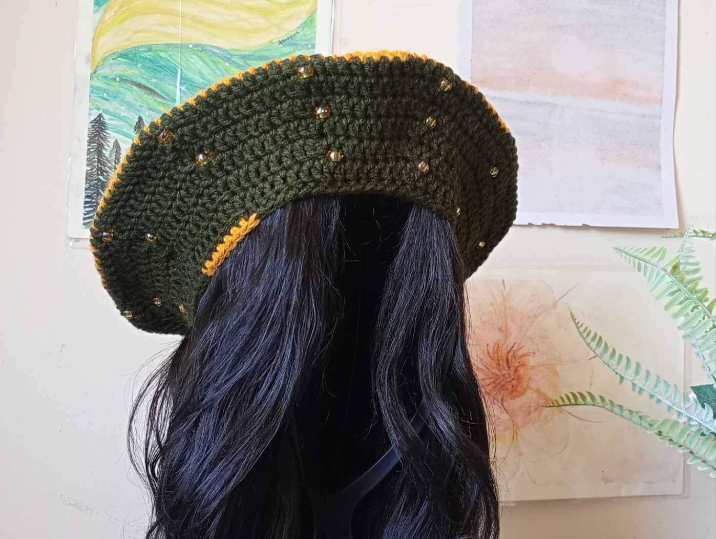 Army Green and Gold Crochet Beret