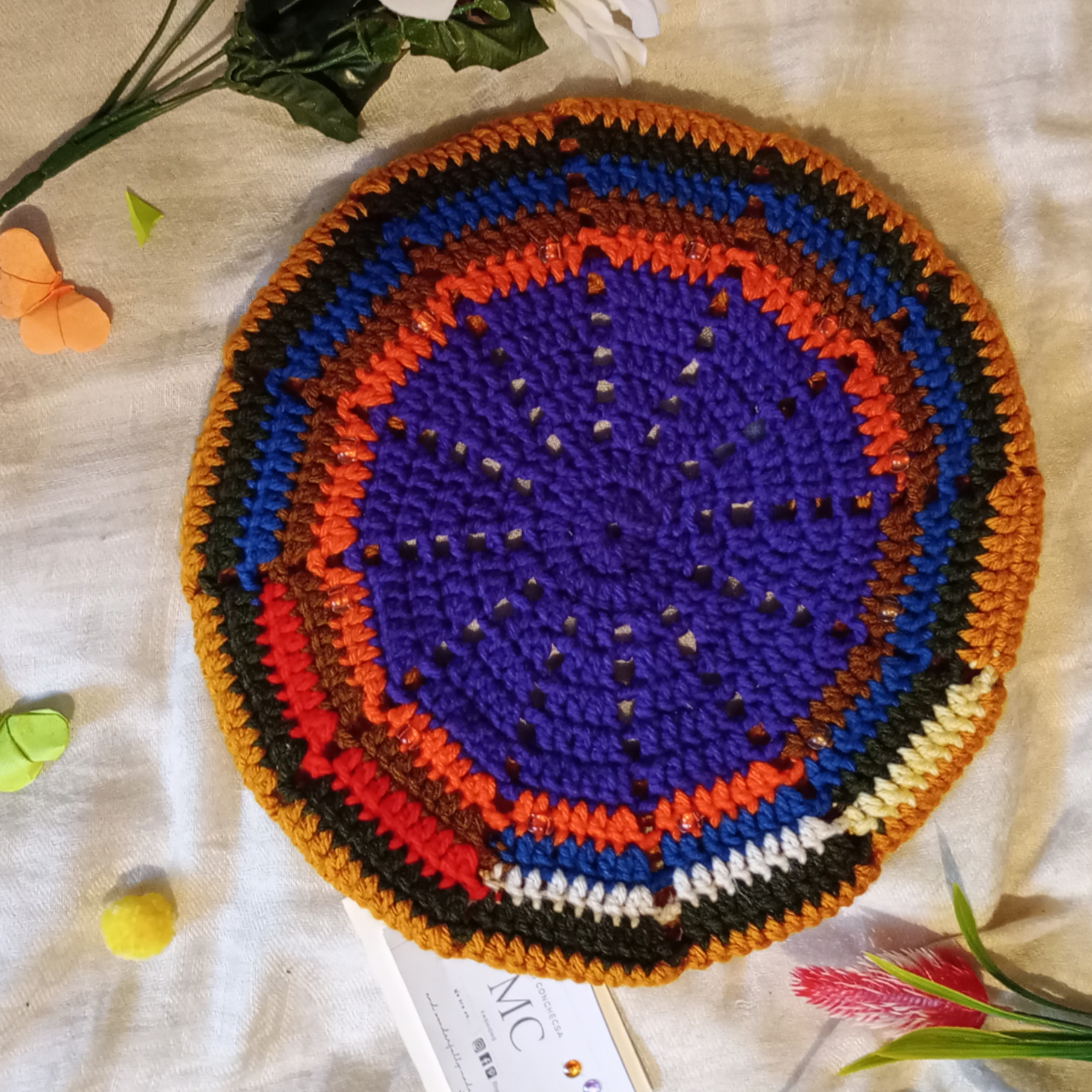 Purple & Gold Multicoloured Crochet Beret