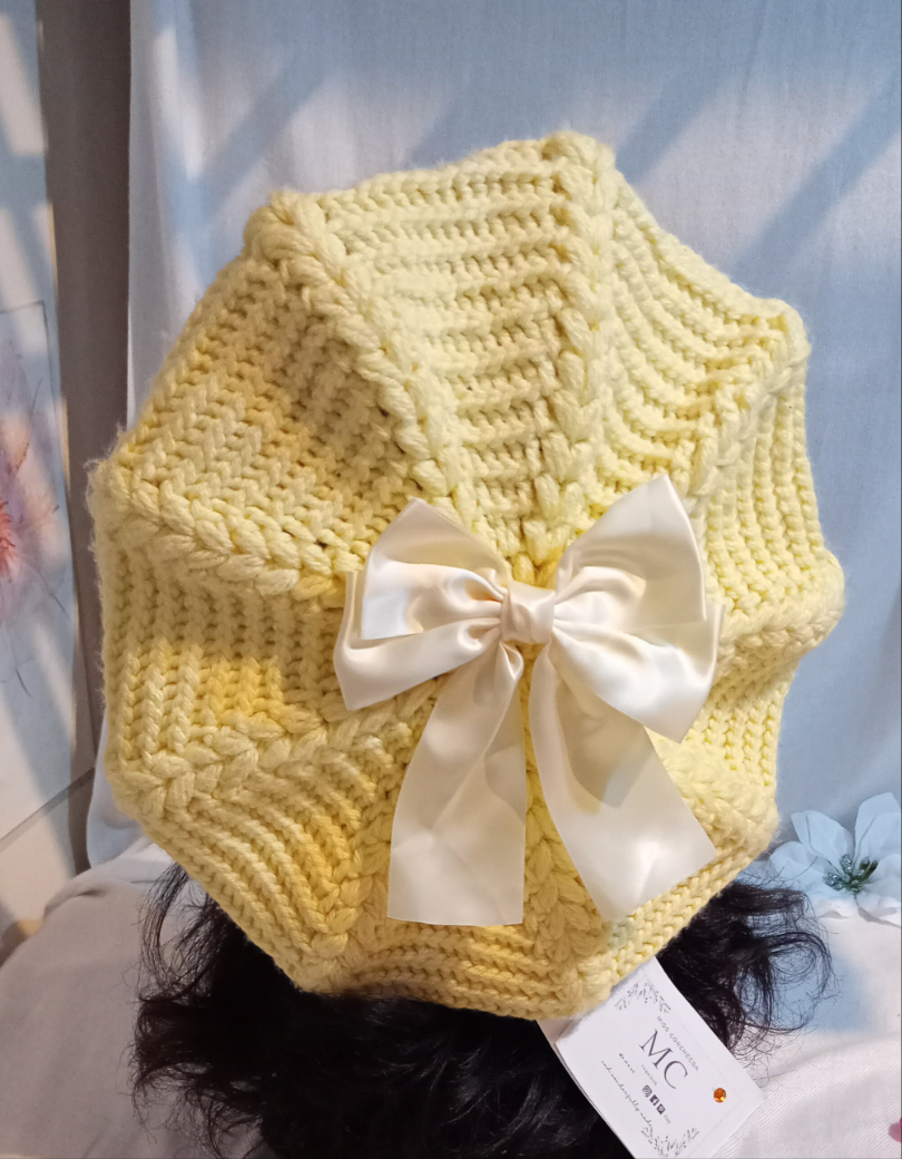 Yellow, Peach Crochet Beret.
