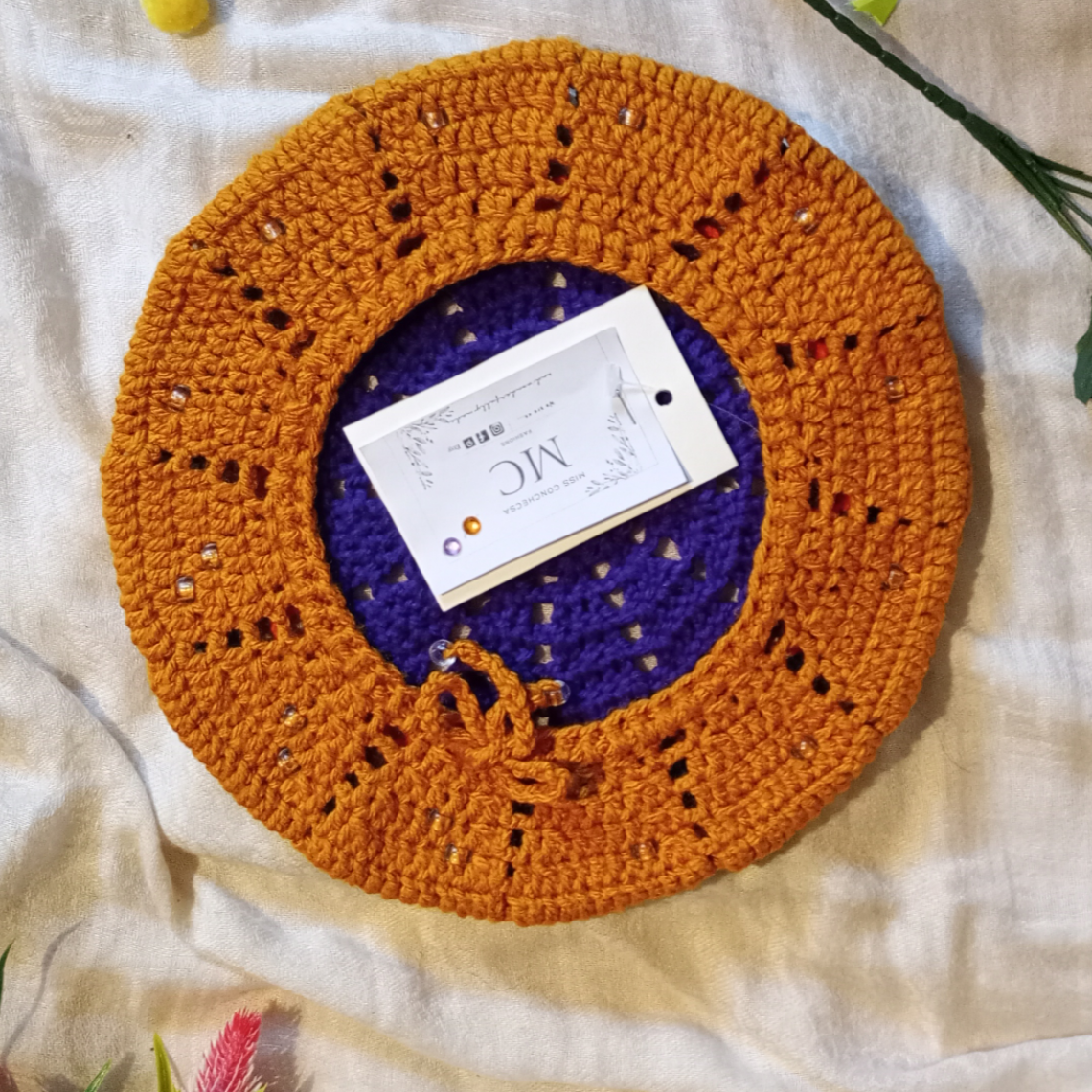 Purple & Gold Multicoloured Crochet Beret