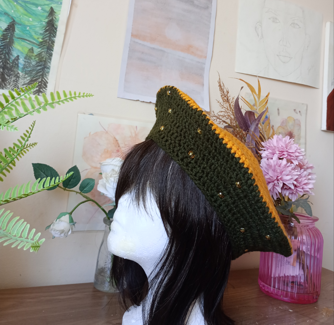 Army Green and Gold Crochet Beret
