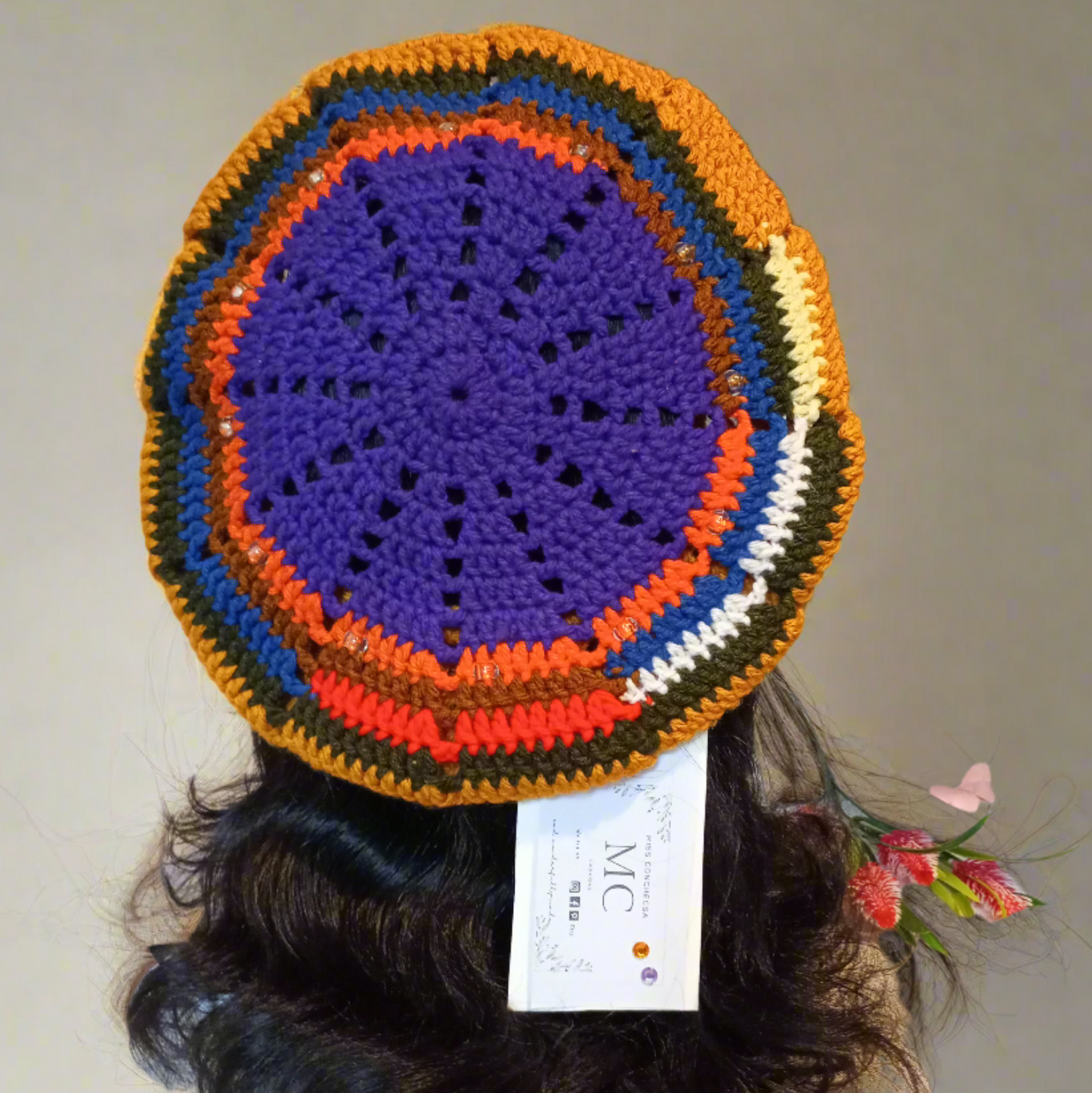 Purple & Gold Multicoloured Crochet Beret