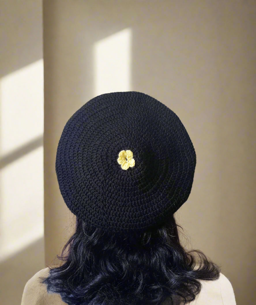 Black and Yellow Crochet Beret.
