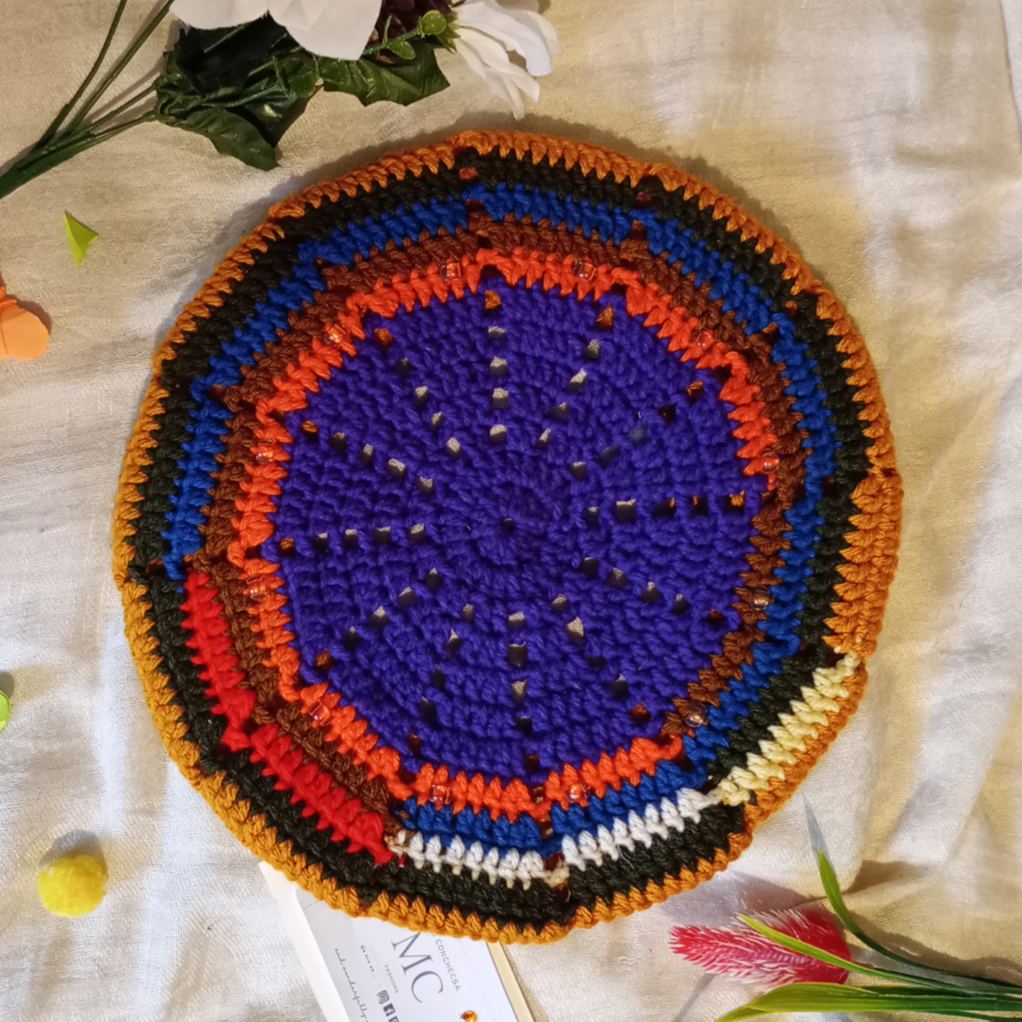 Purple & Gold Multicoloured Crochet Beret