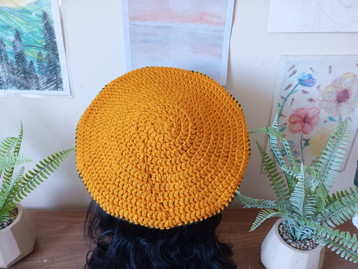 Army Green and Gold Crochet Beret