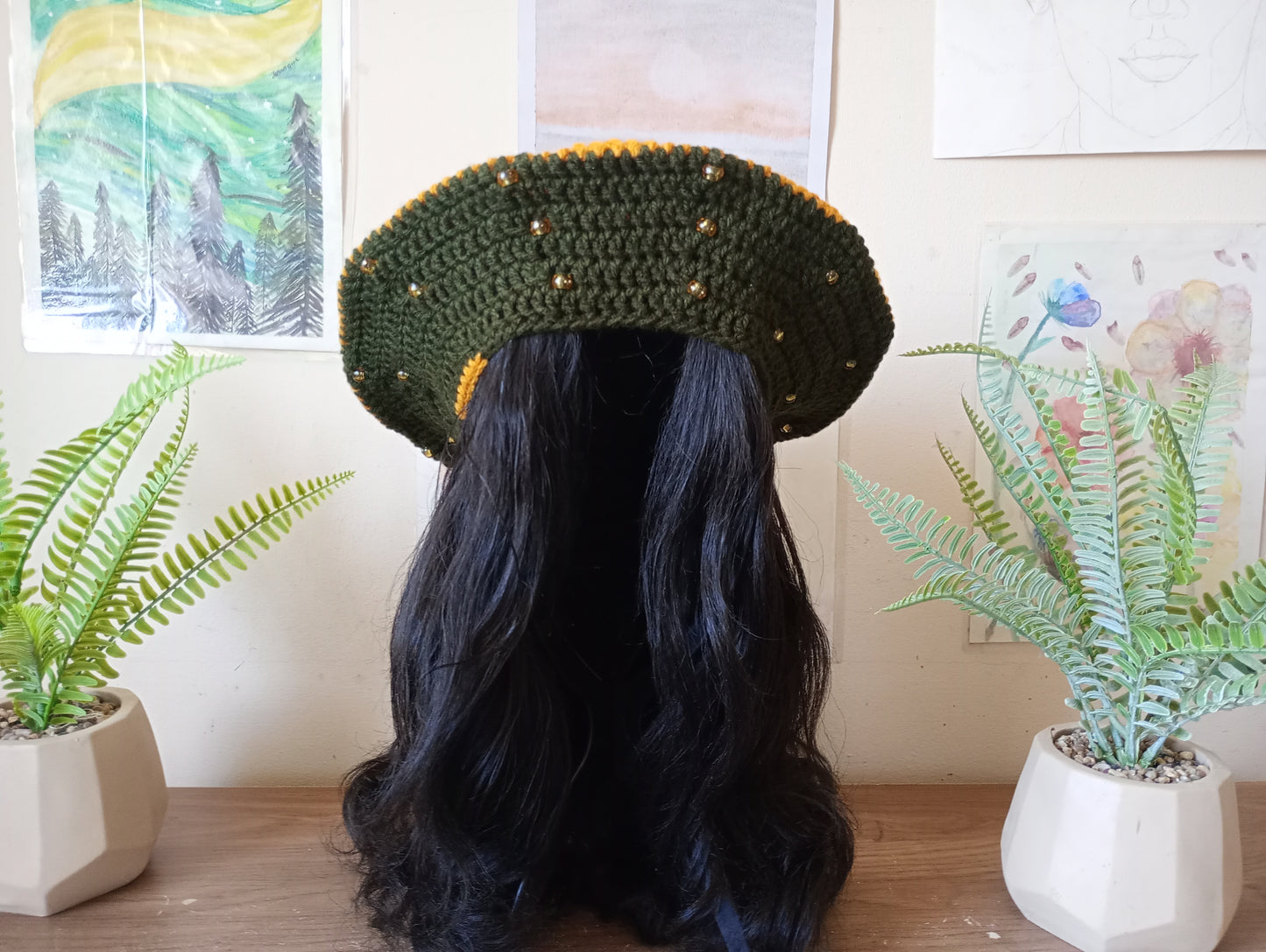 Army Green and Gold Crochet Beret