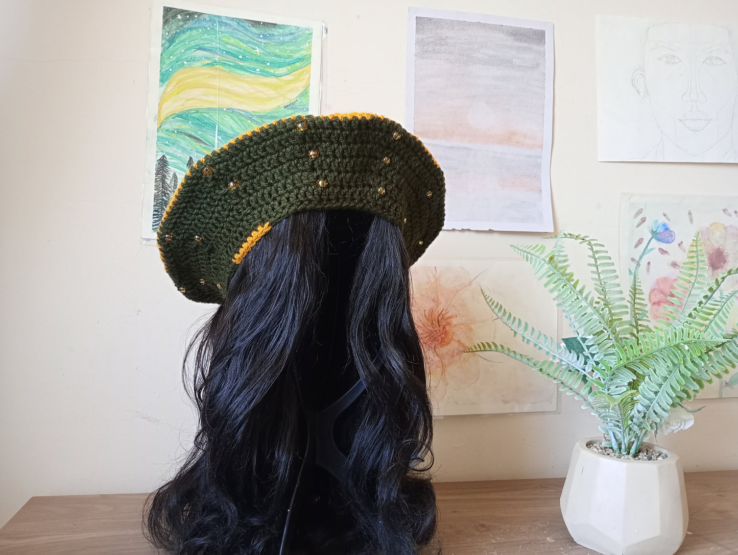 Army Green and Gold Crochet Beret