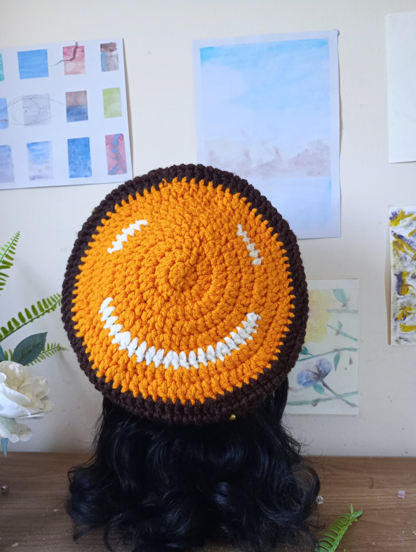 Gold and Brown Crochet Beret