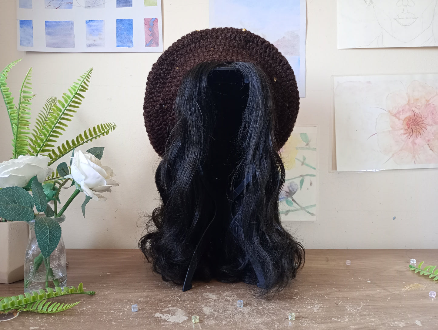 Gold and Brown Crochet Beret