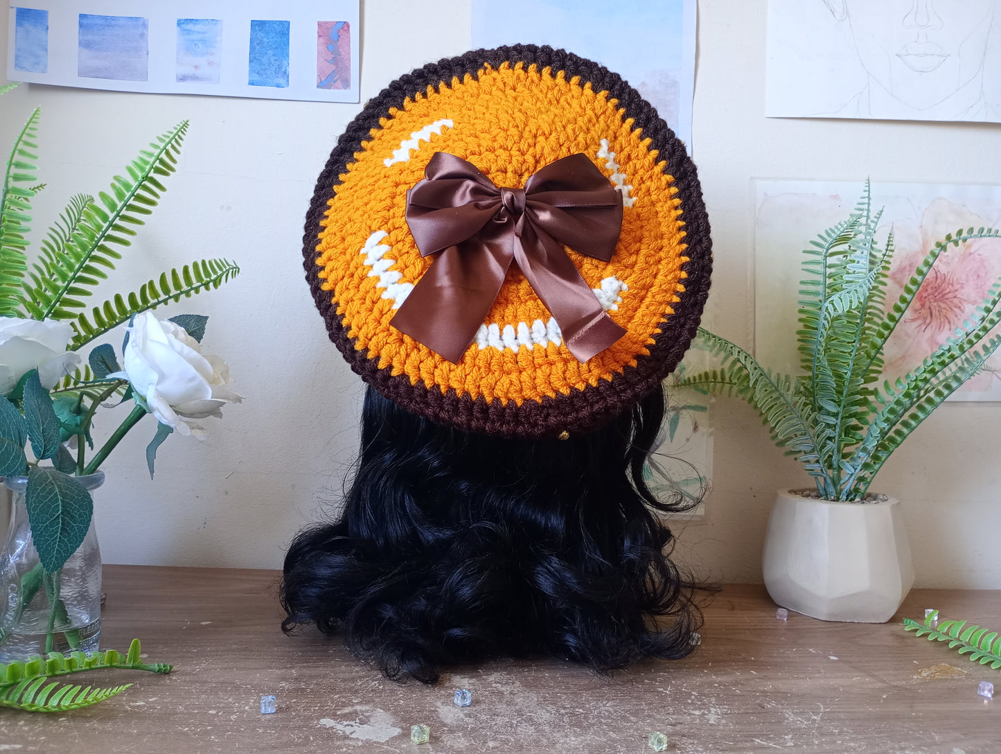 Gold and Brown Crochet Beret