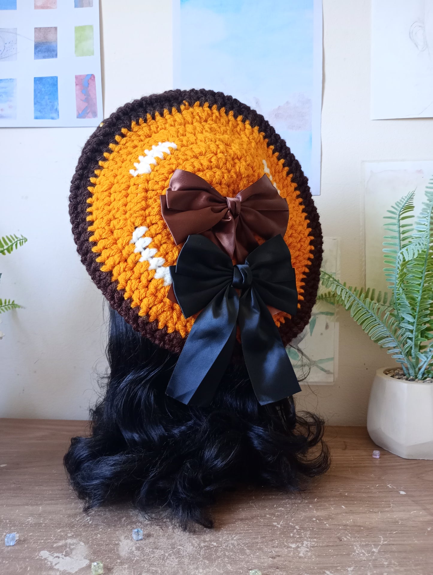 Gold and Brown Crochet Beret