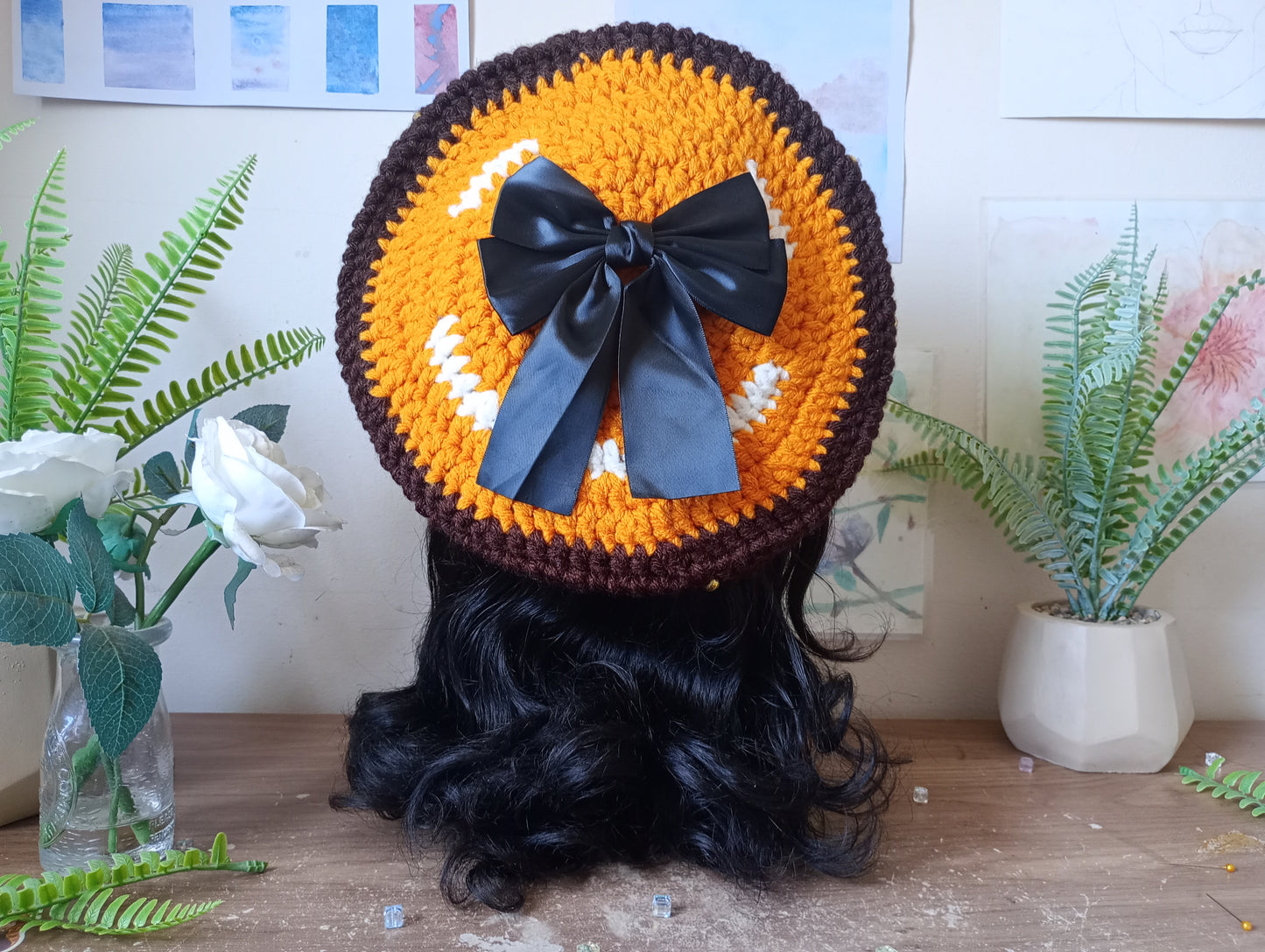 Gold and Brown Crochet Beret
