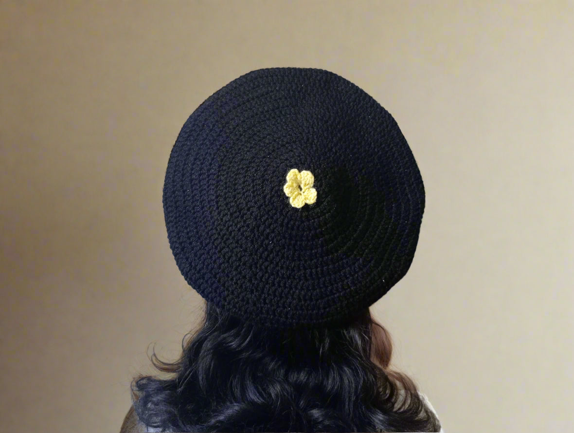 Black and Yellow Crochet Beret.