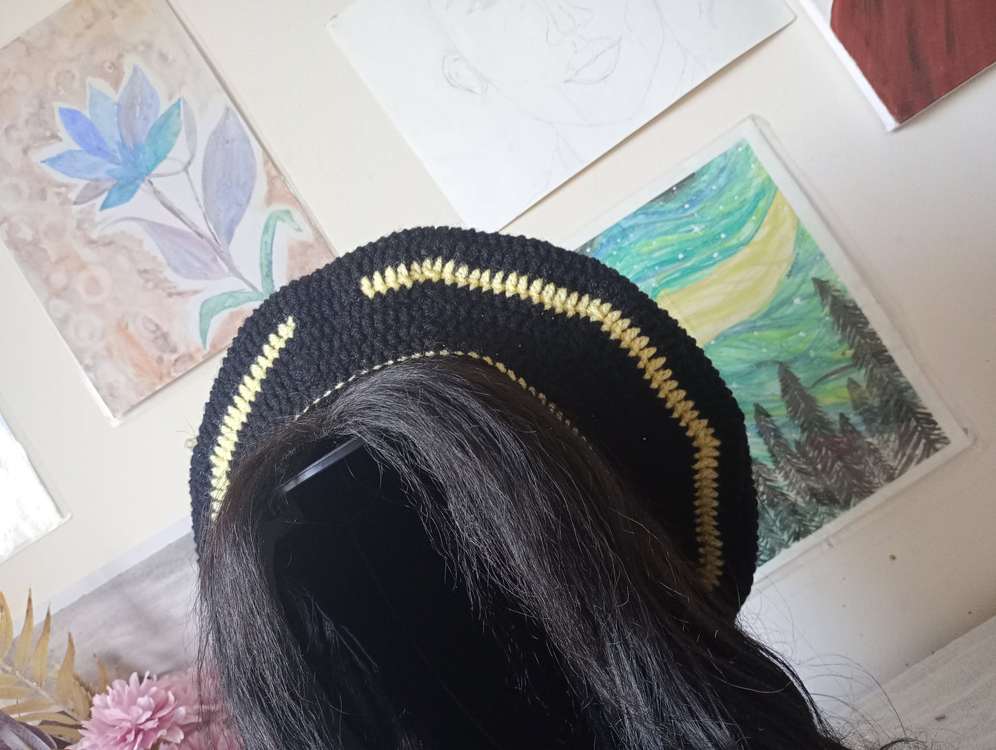 Black and Yellow Crochet Beret.