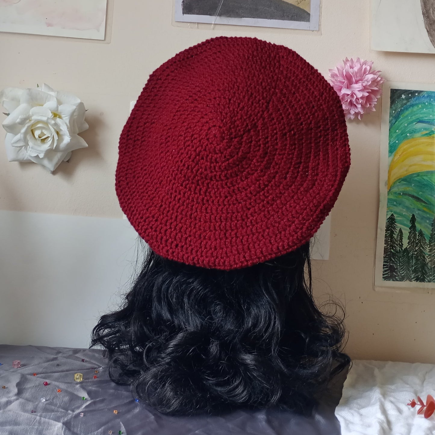 Burgundy and Black Crochet Beret