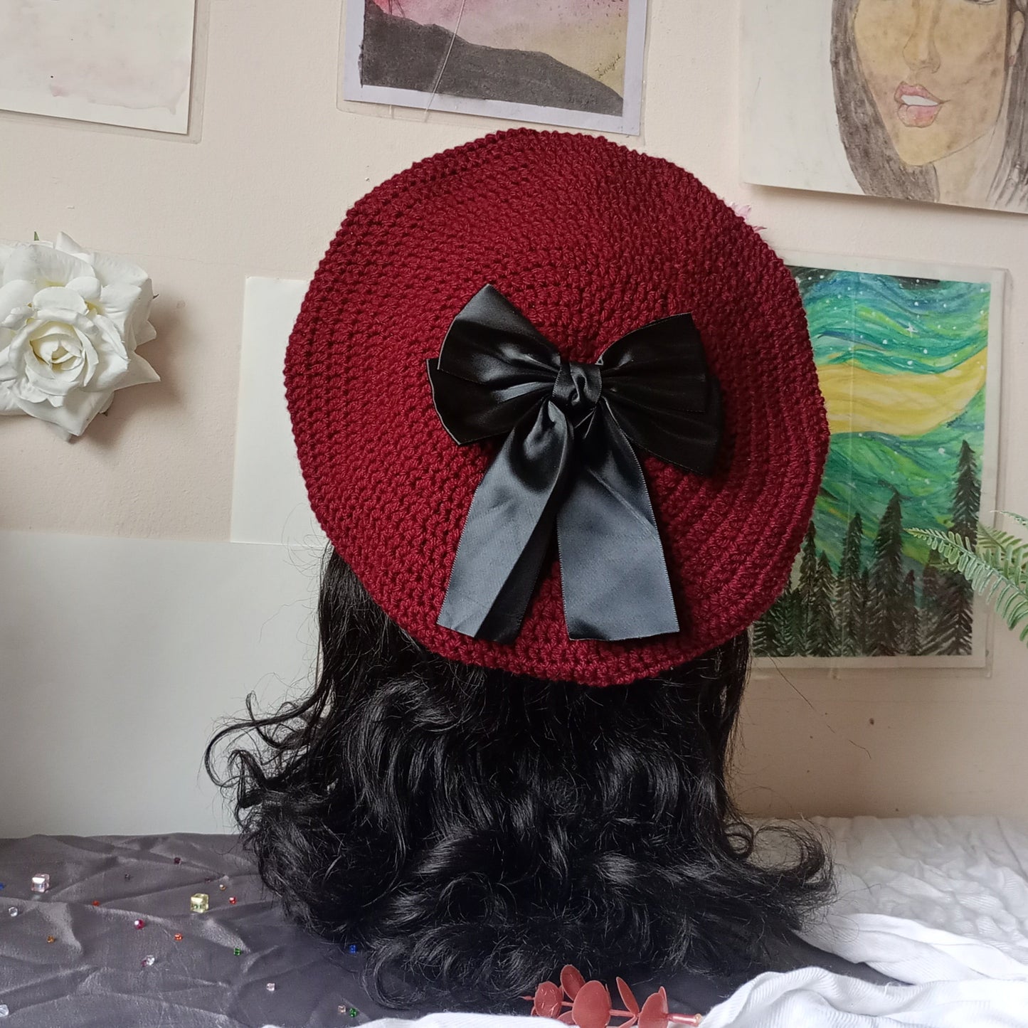 Burgundy and Black Crochet Beret
