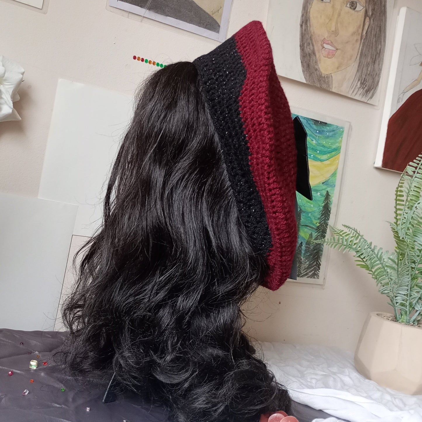 Burgundy and Black Crochet Beret