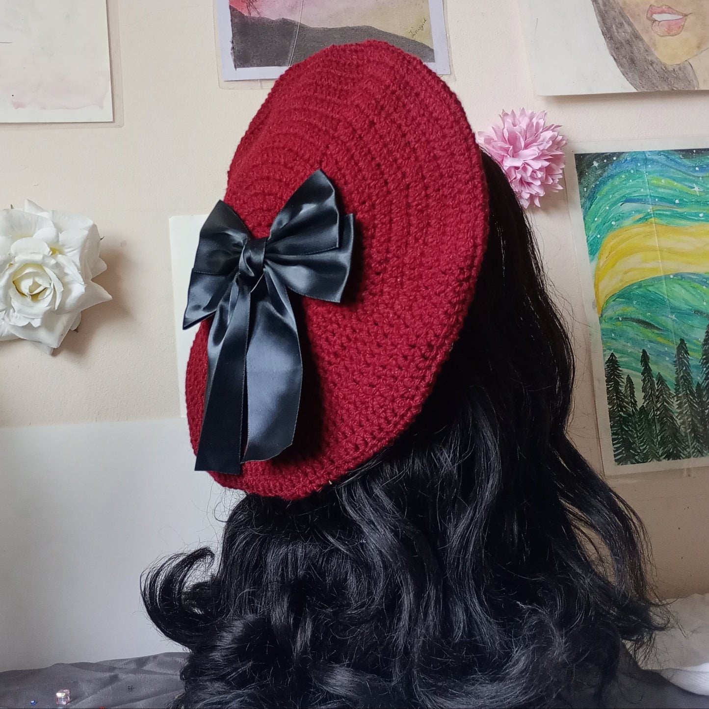 Burgundy and Black Crochet Beret