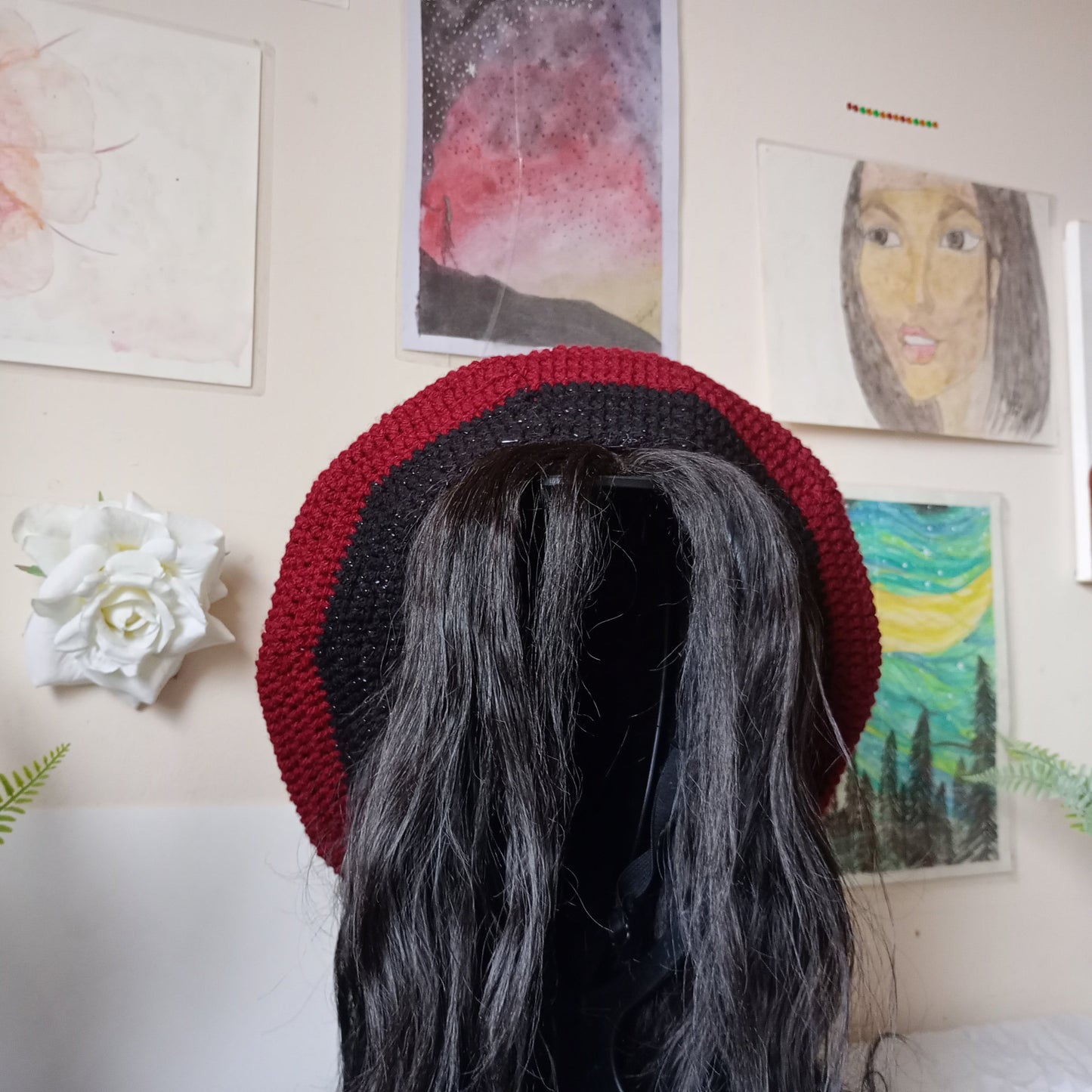 Burgundy and Black Crochet Beret