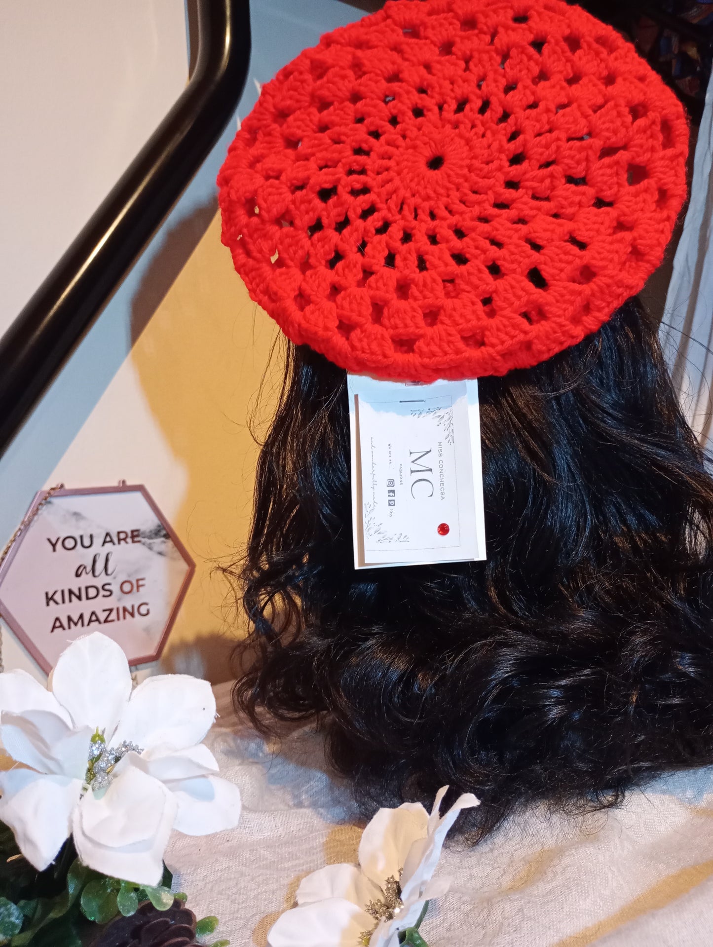 Red & Black Crochet Beret, Light Green Crochet Beret.