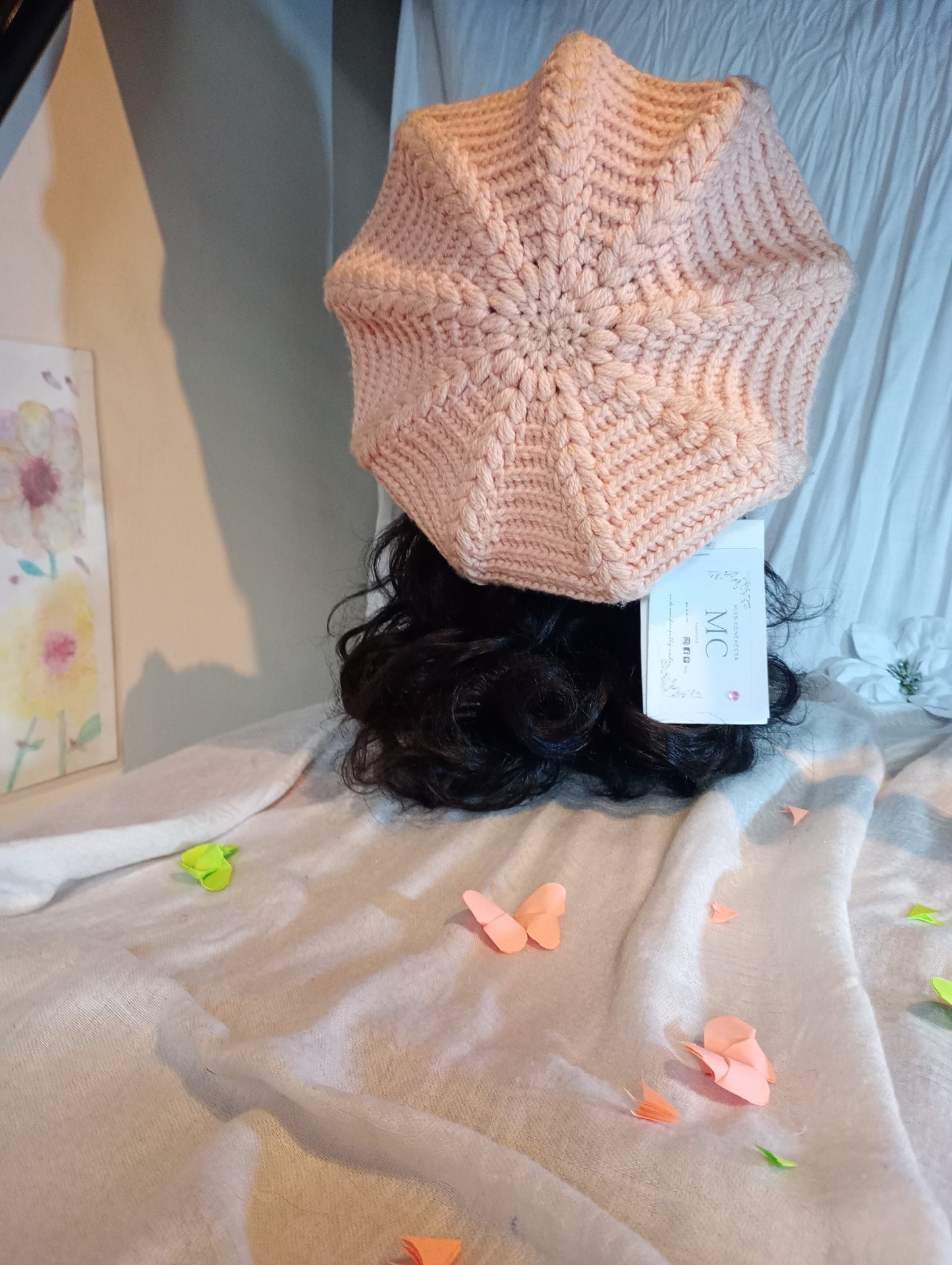 Yellow, Peach Crochet Beret.