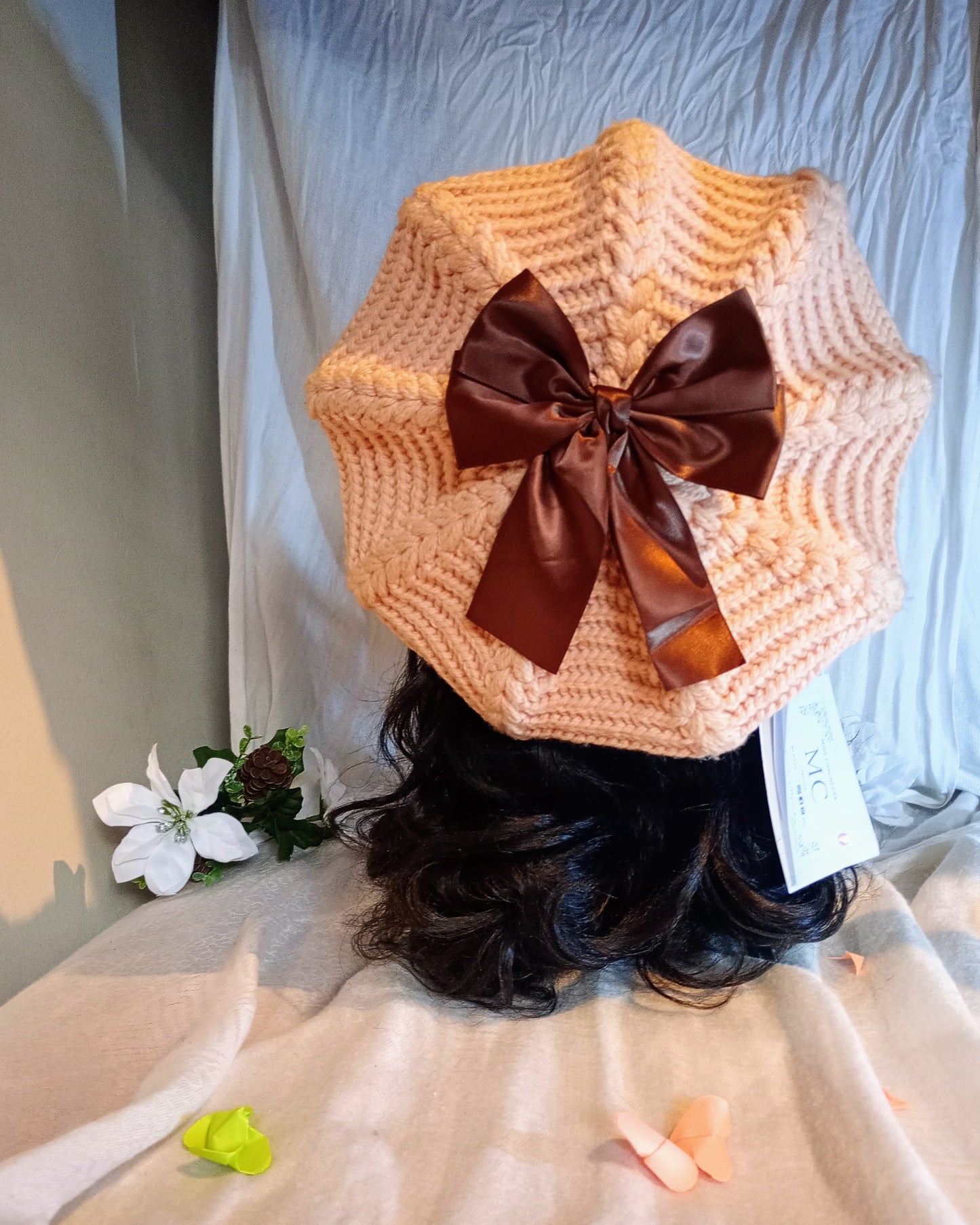 Yellow, Peach Crochet Beret.