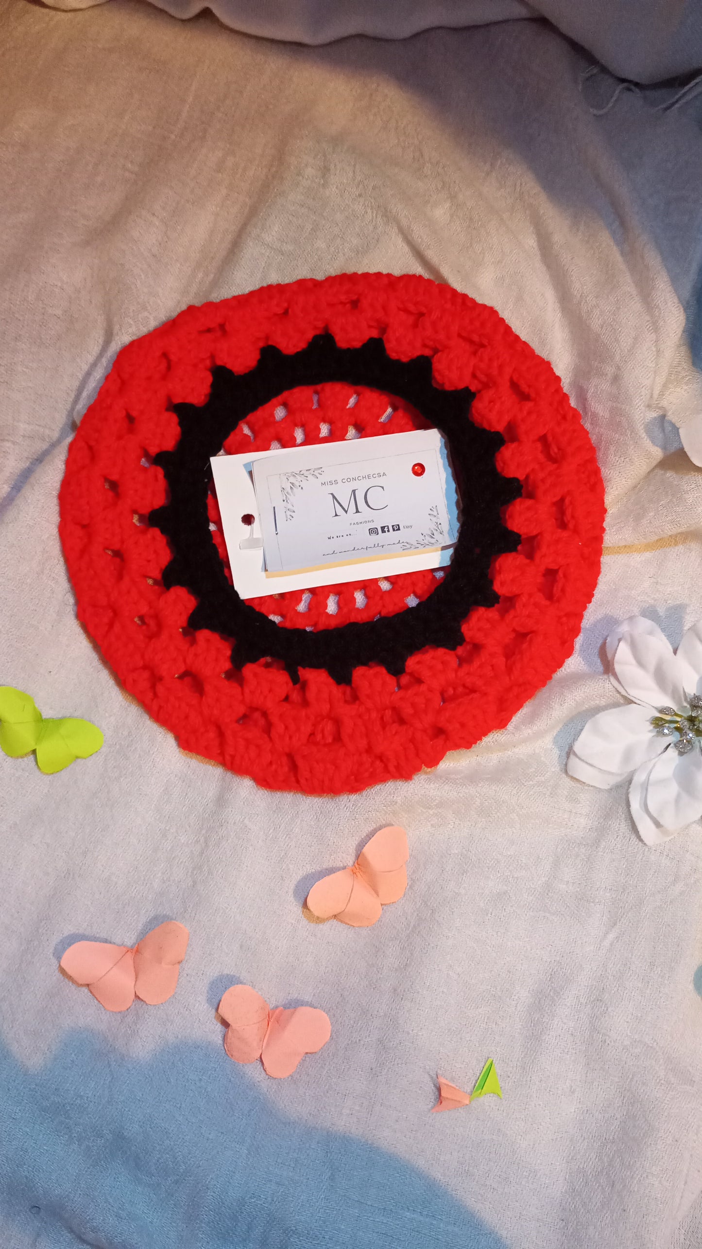 Red & Black Crochet Beret, Light Green Crochet Beret.