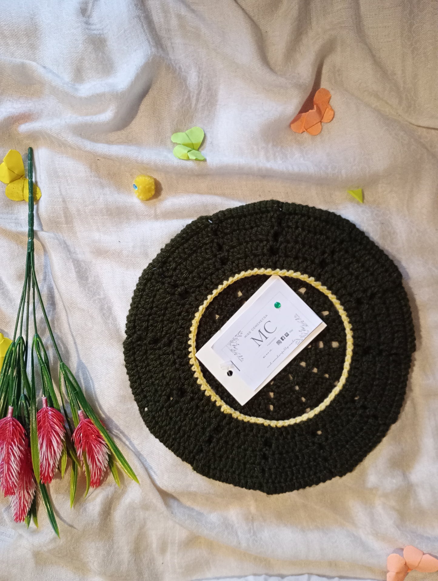 Brown Crochet Beret, Army Green Crochet Beret.
