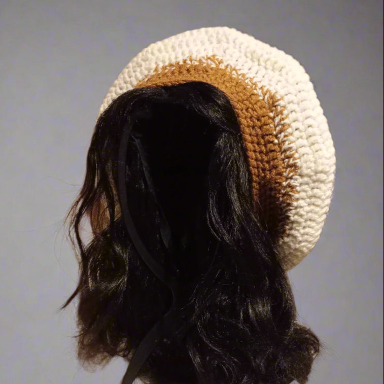 Brown and Ivory white Crochet Beret