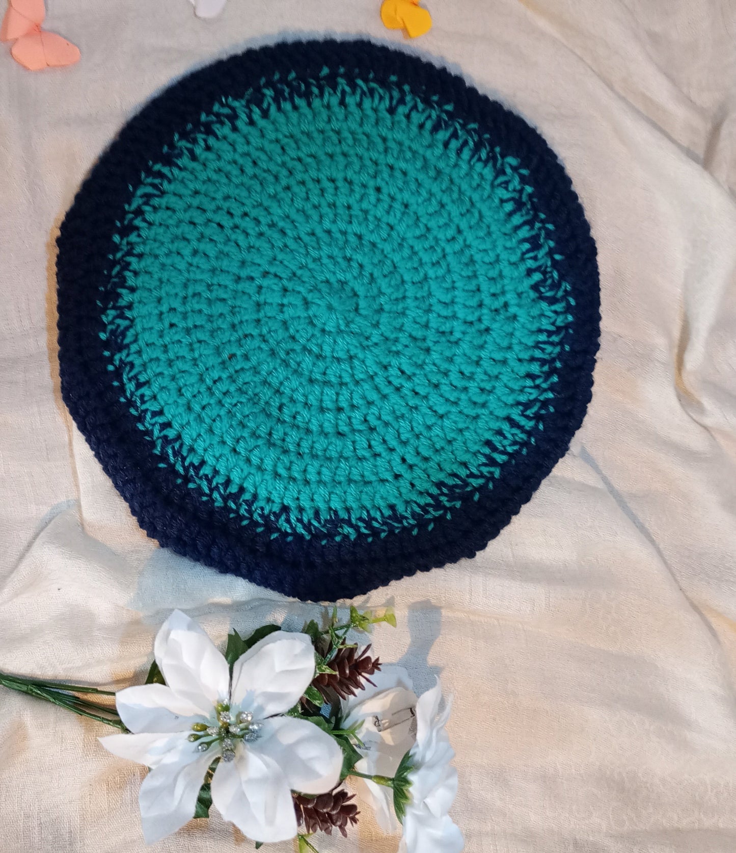 Navy Blue and Green Crochet Beret
