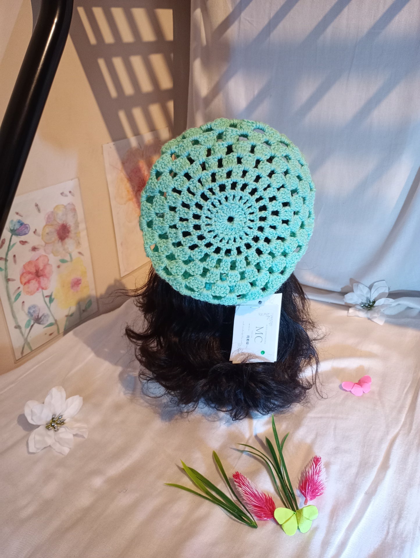 Red & Black Crochet Beret, Light Green Crochet Beret.