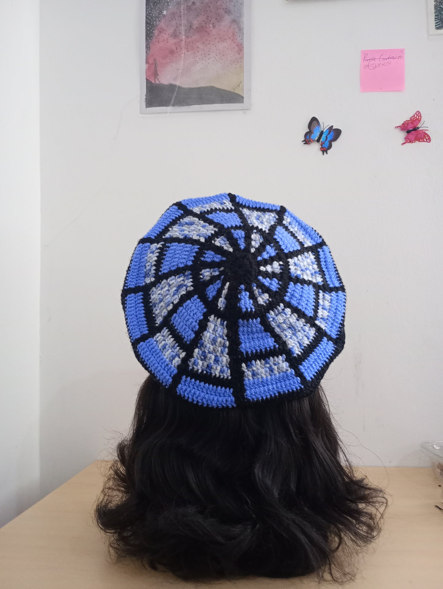 Blue and Black Tapestry Crochet Beret.