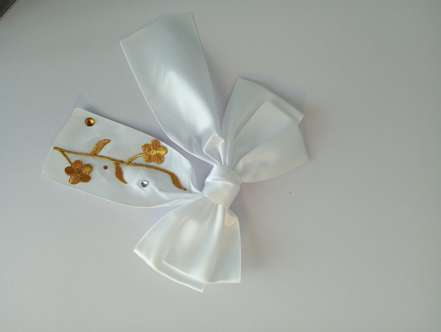 Satin Bow clip, with Floral embroidery.