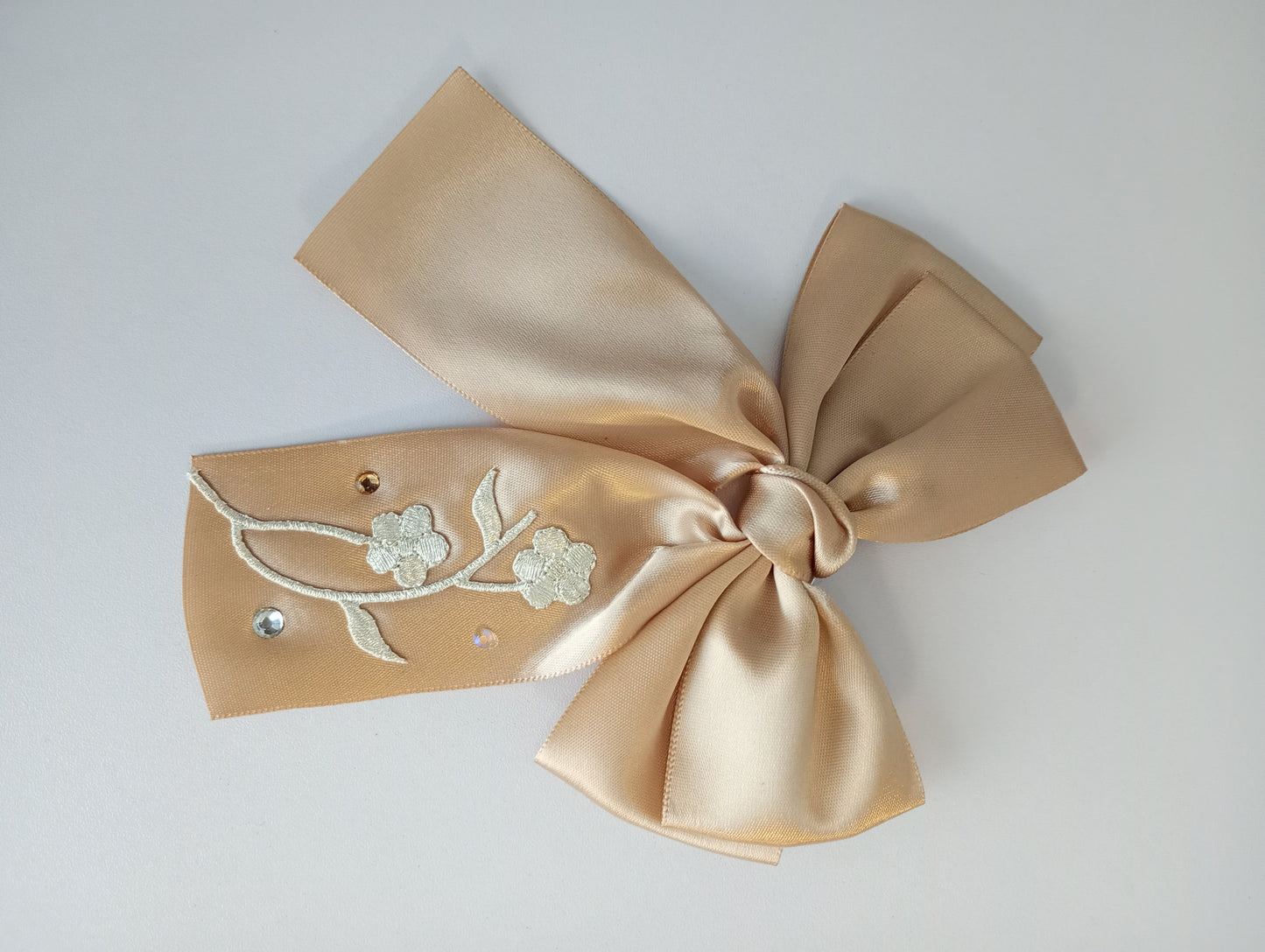 Satin Bow clip, with Floral embroidery.