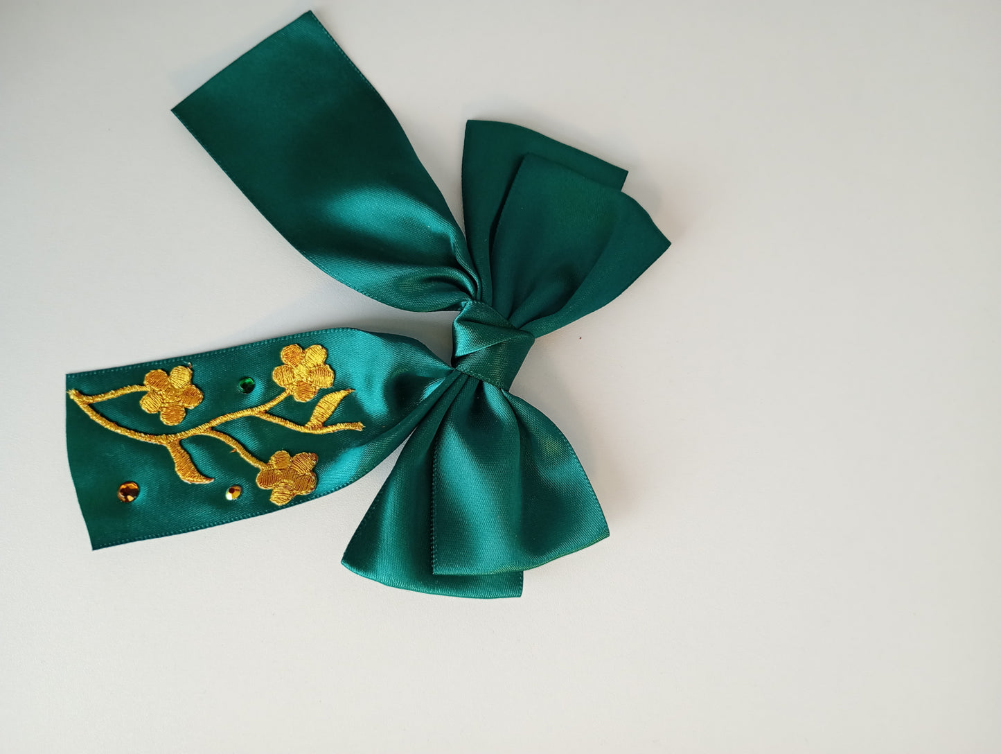 Satin Bow clip, with Floral embroidery.