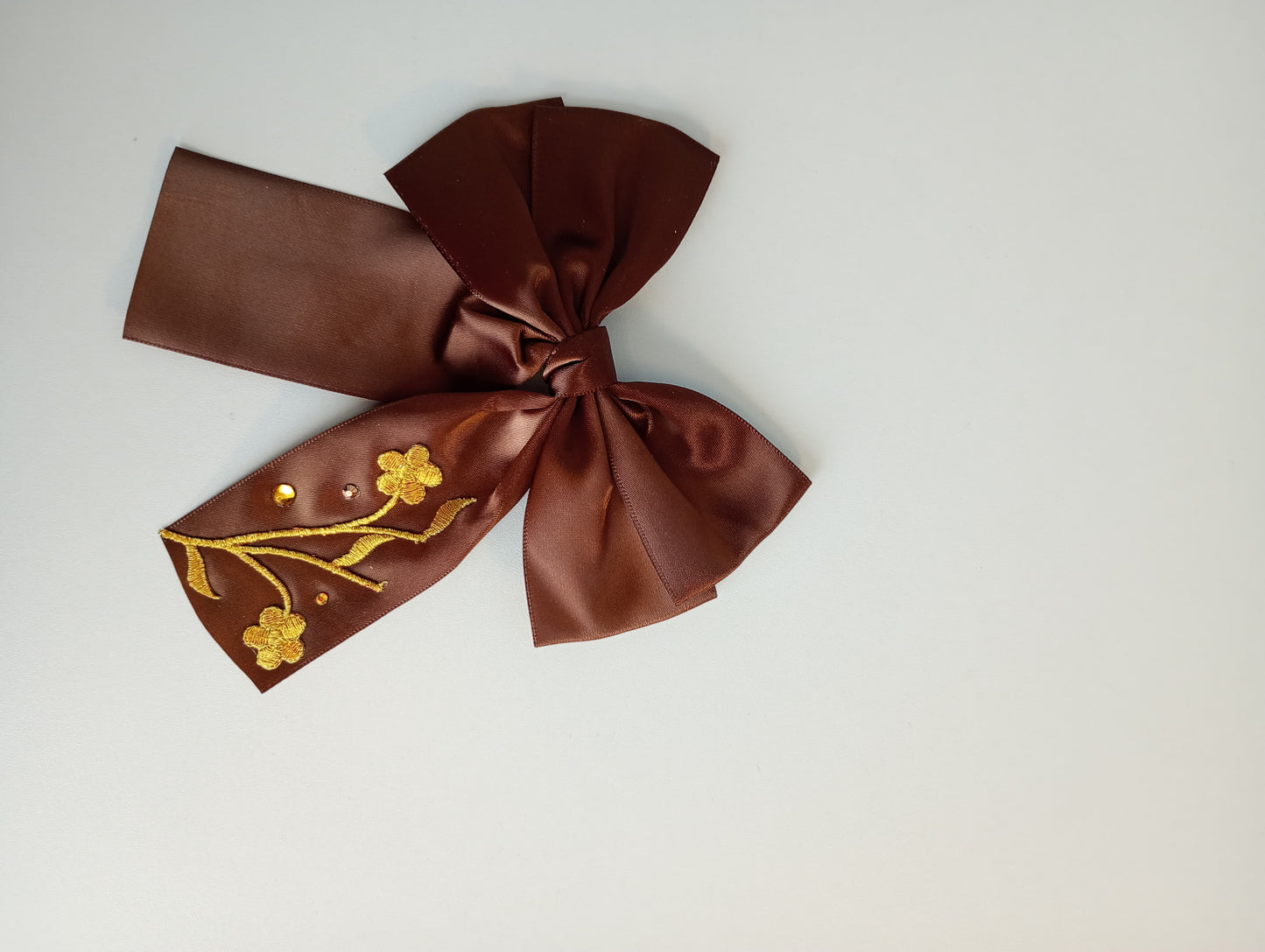 Satin Bow clip, with Floral embroidery.