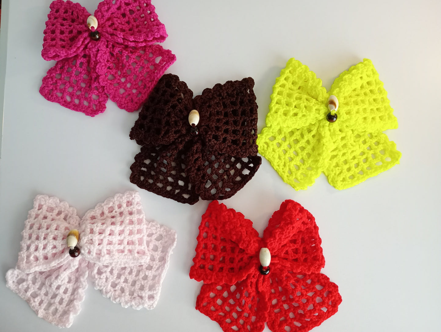 Crochet Mesh Hair Bow Clip. (Decorated with beads).