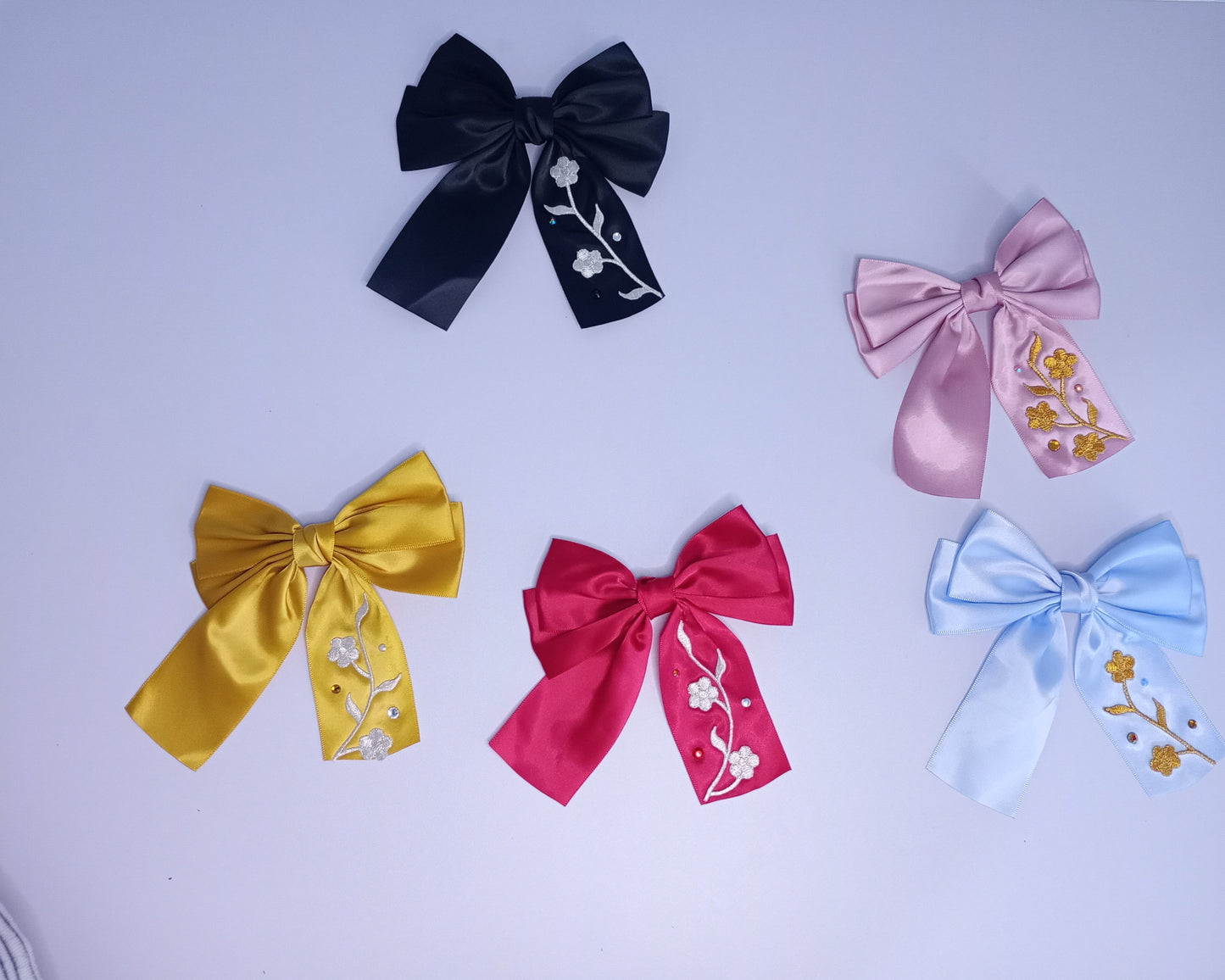 Satin Bow clip, with Floral embroidery