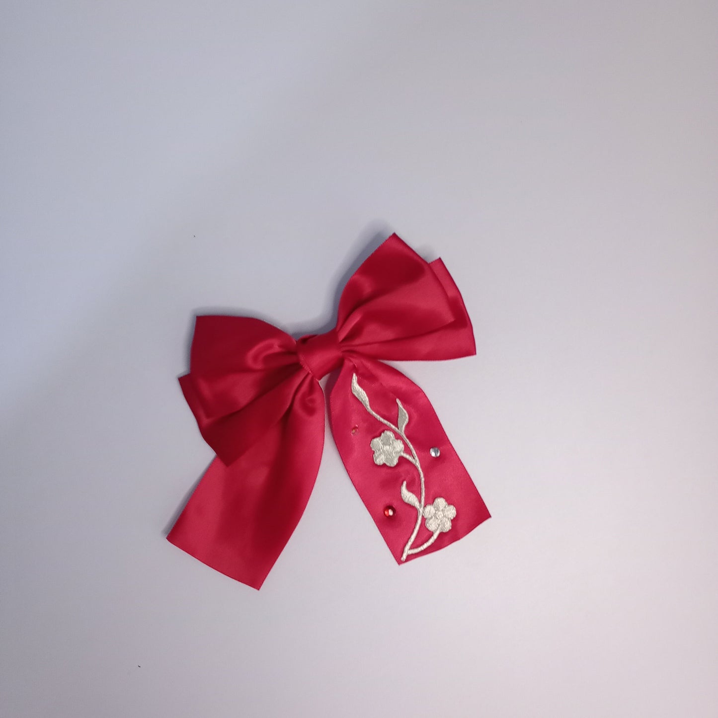 Satin Bow clip, with Floral embroidery