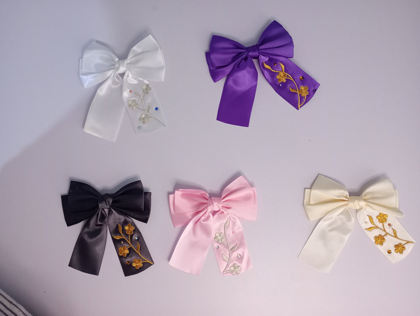Satin Bow clip, with Floral embroidery