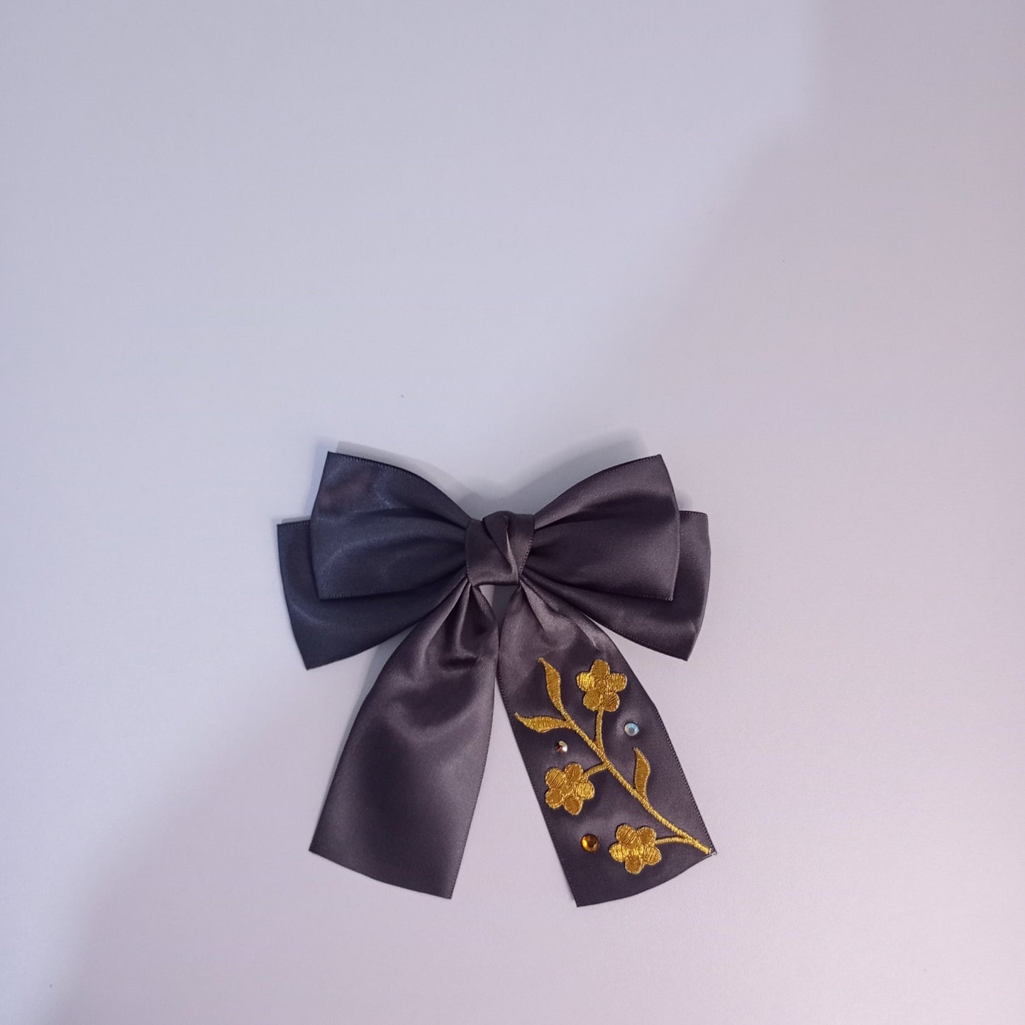 Satin Bow clip, with Floral embroidery