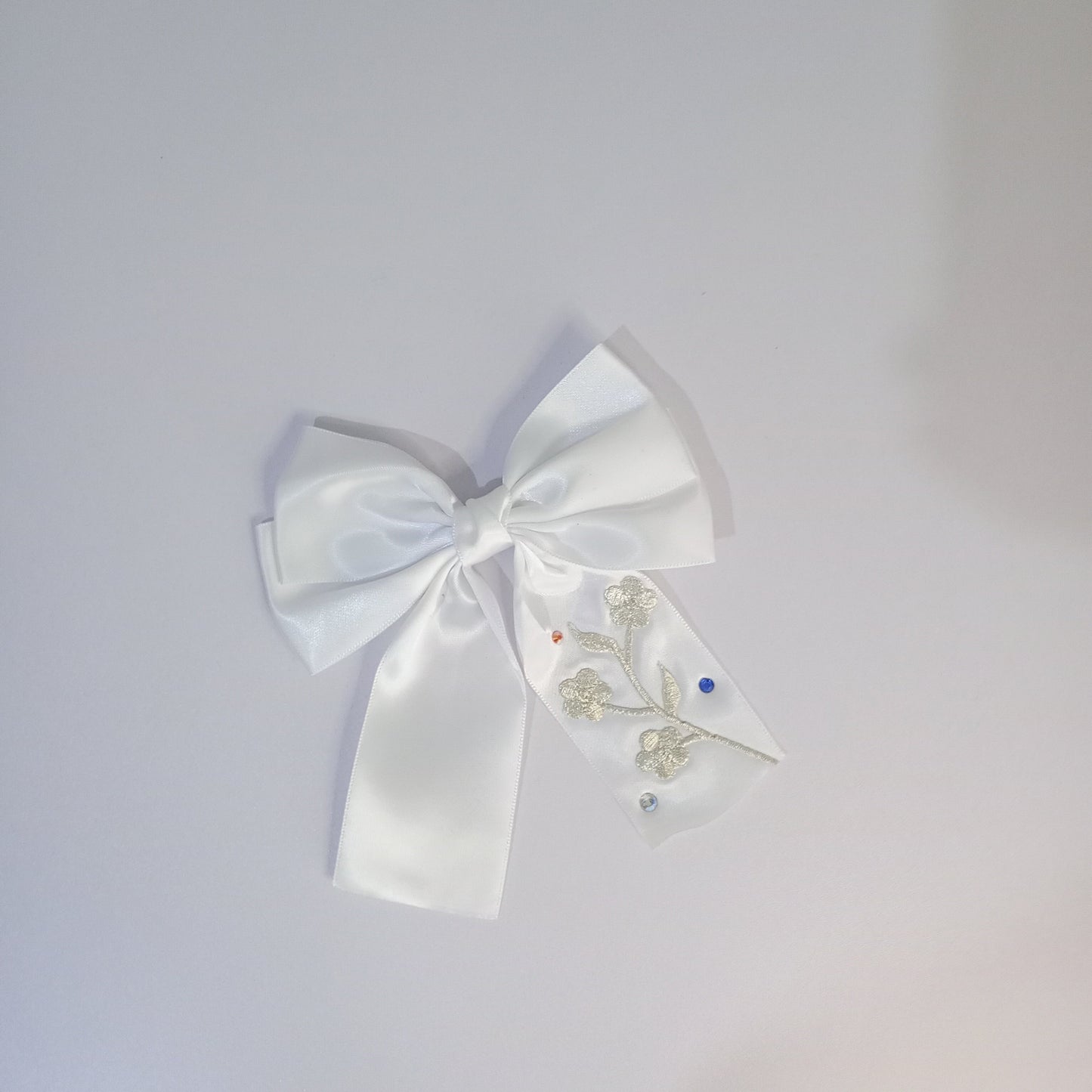 Satin Bow clip, with Floral embroidery