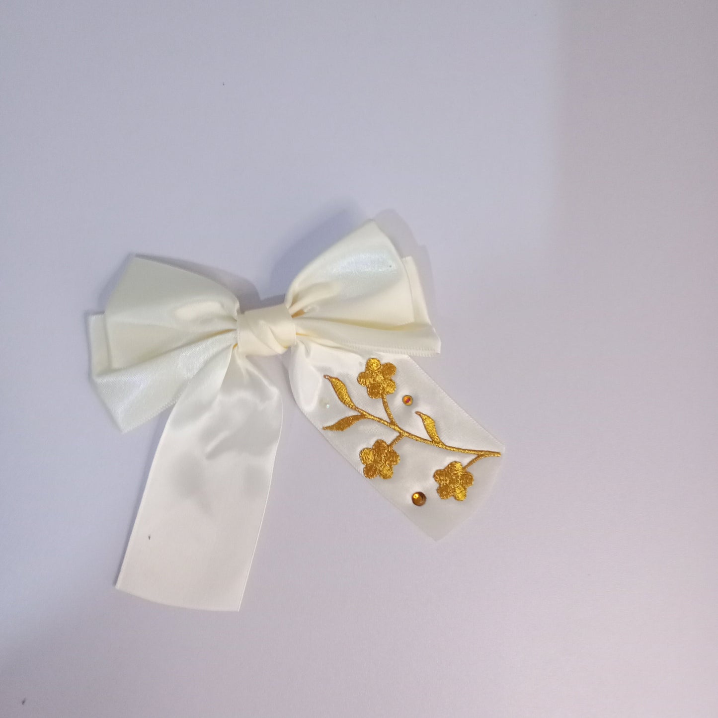 Satin Bow clip, with Floral embroidery
