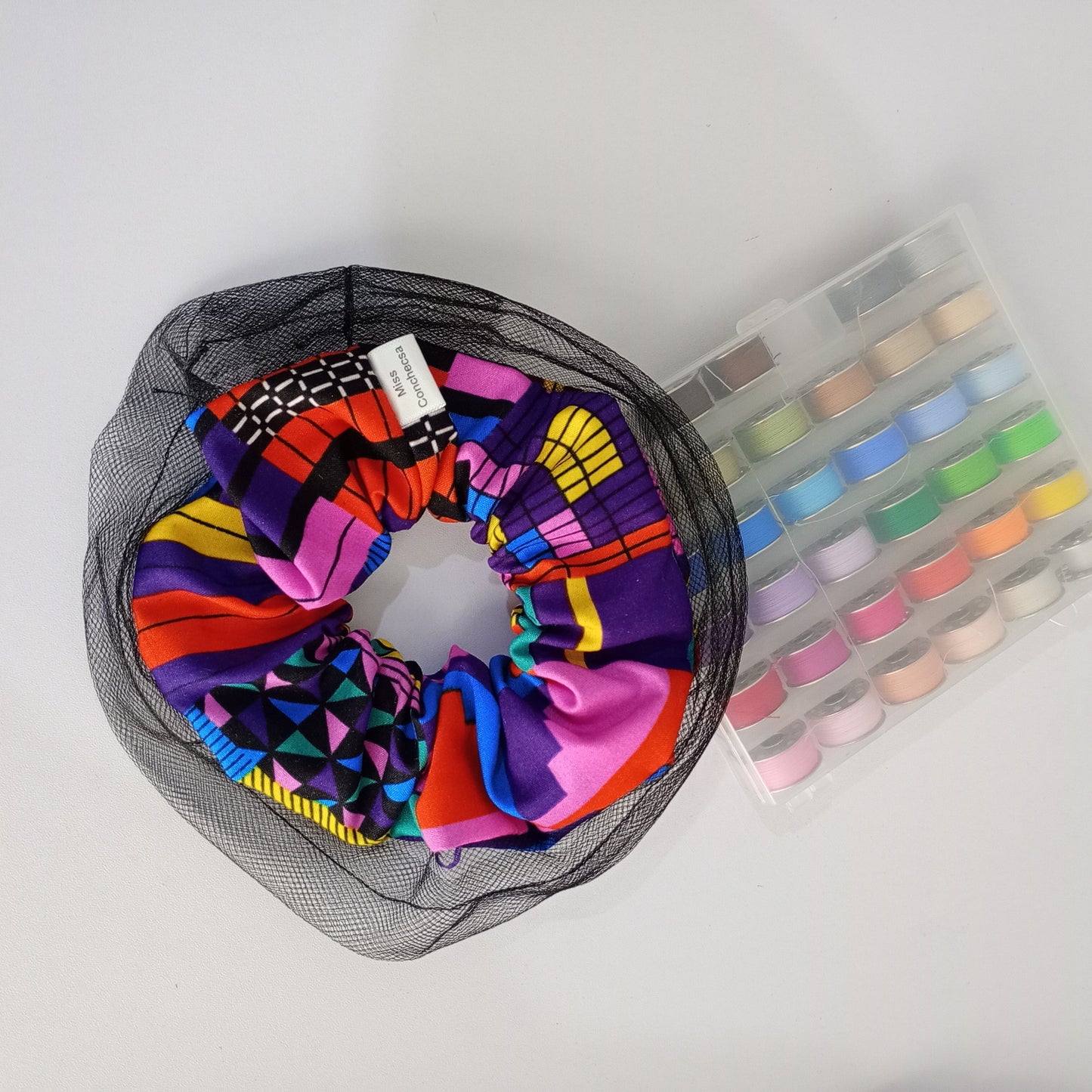 Colorful Ankara scrunchy with black mesh round about