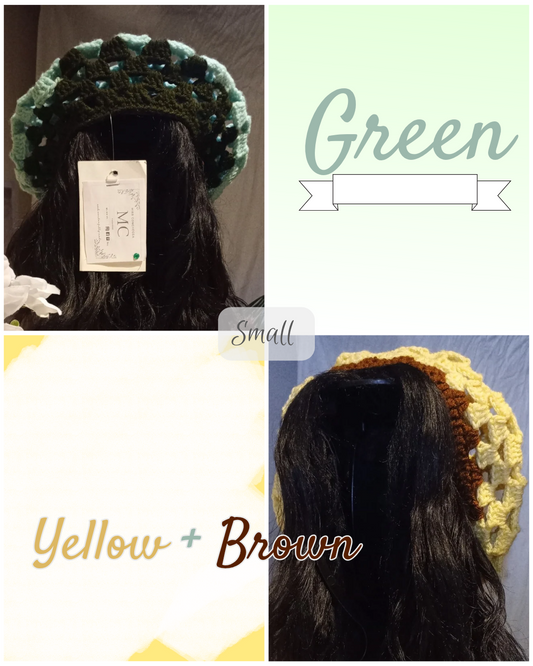 Light Green and Army Green Crochet Beret | Yellow and Brown Crochet Beret.
